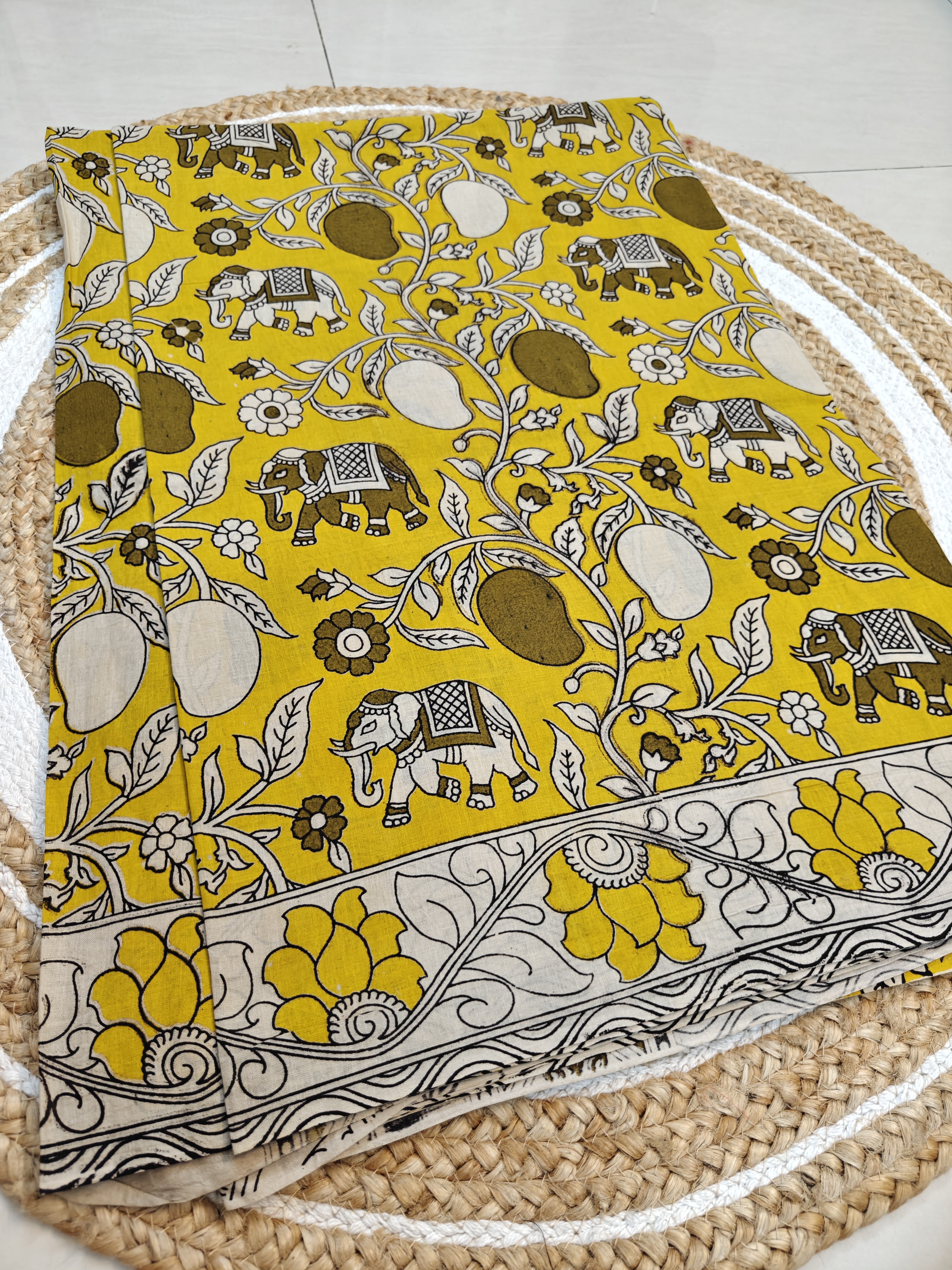 Sunshine Kalamkari Saree – Elephant & Mango Motif Heritage Print
