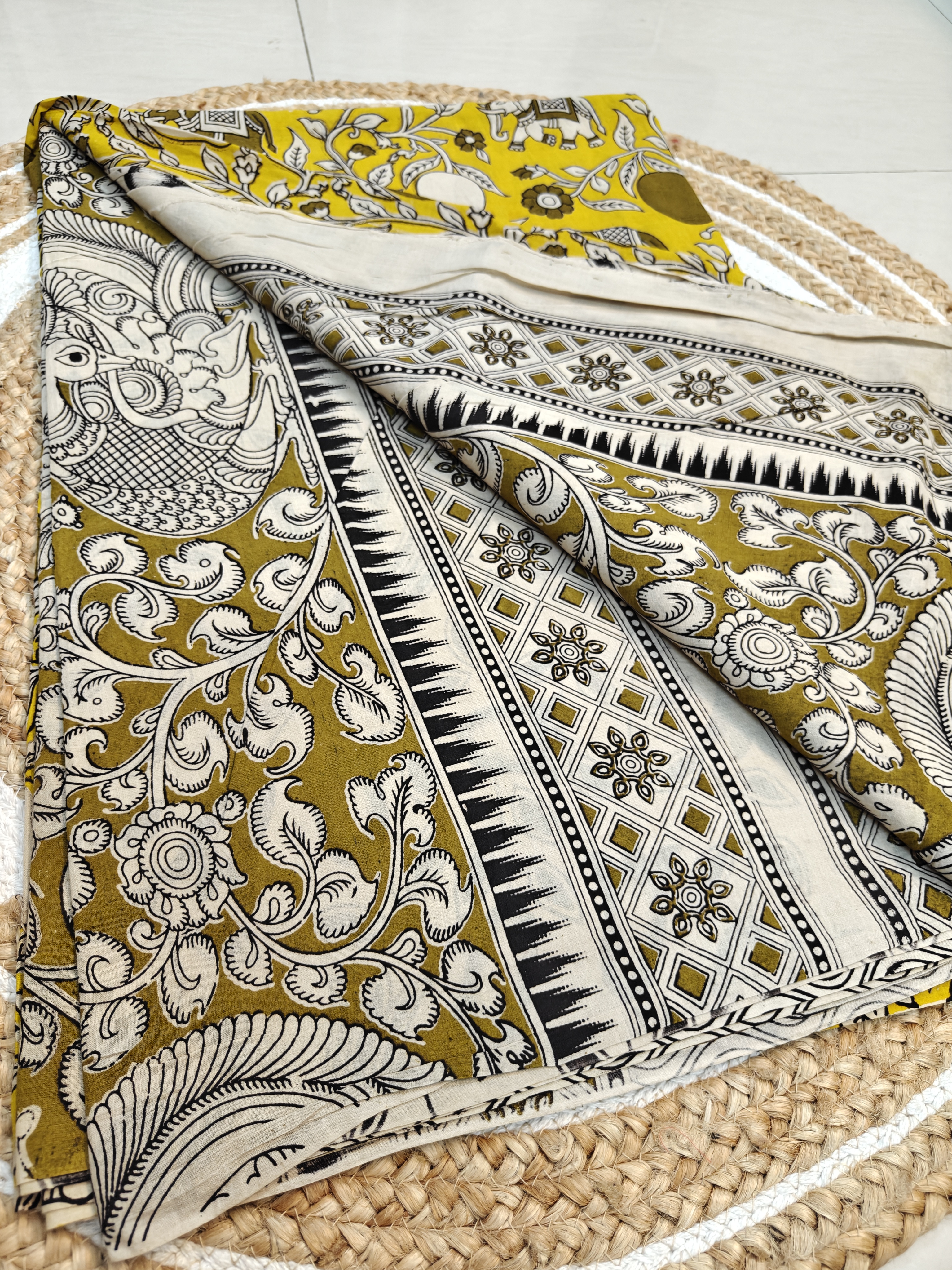 Sunshine Kalamkari Saree – Elephant & Mango Motif Heritage Print