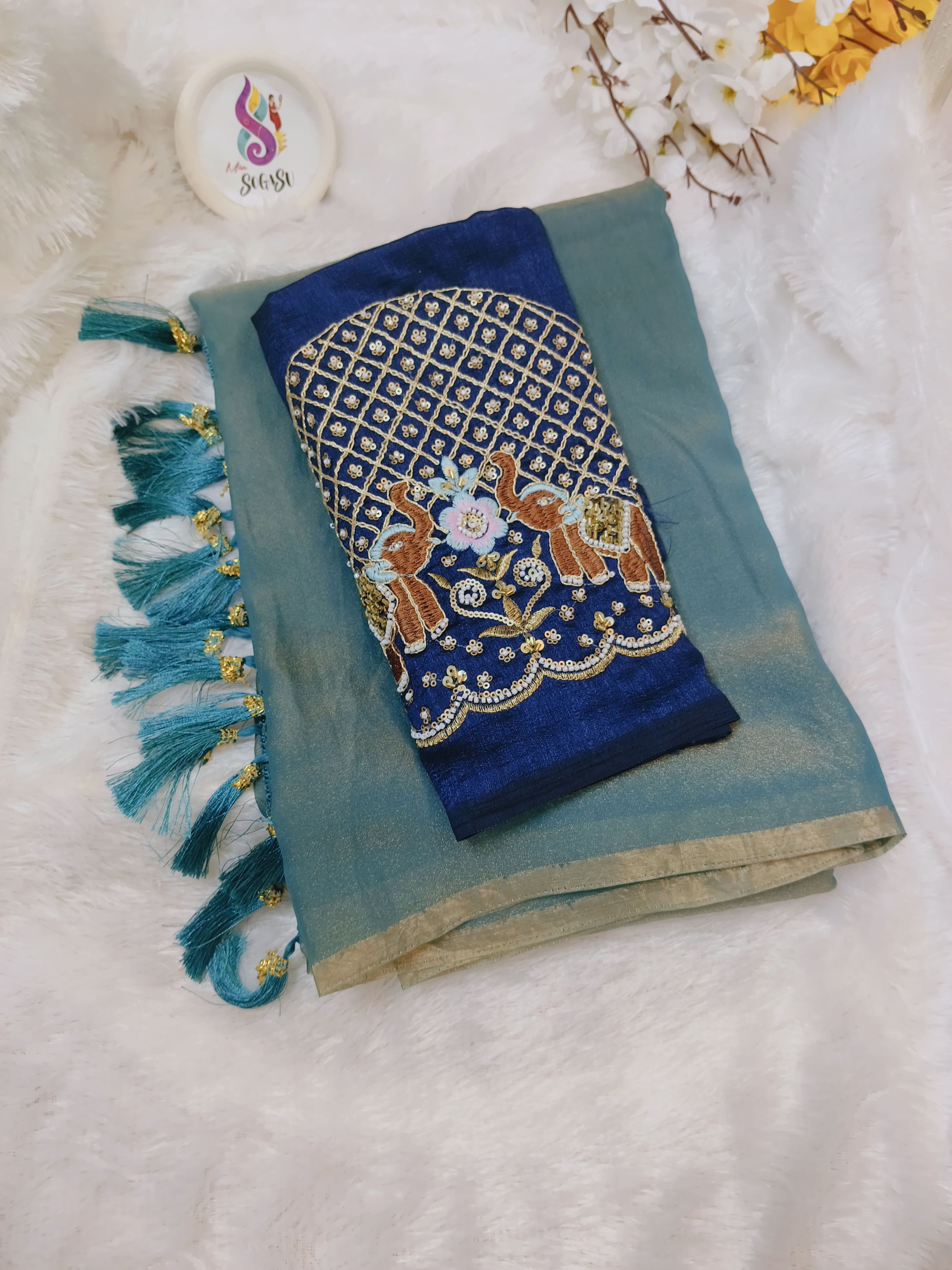 Teal Blue Dual Shade Georgette Saree with Space Silk Embroidered Blouse