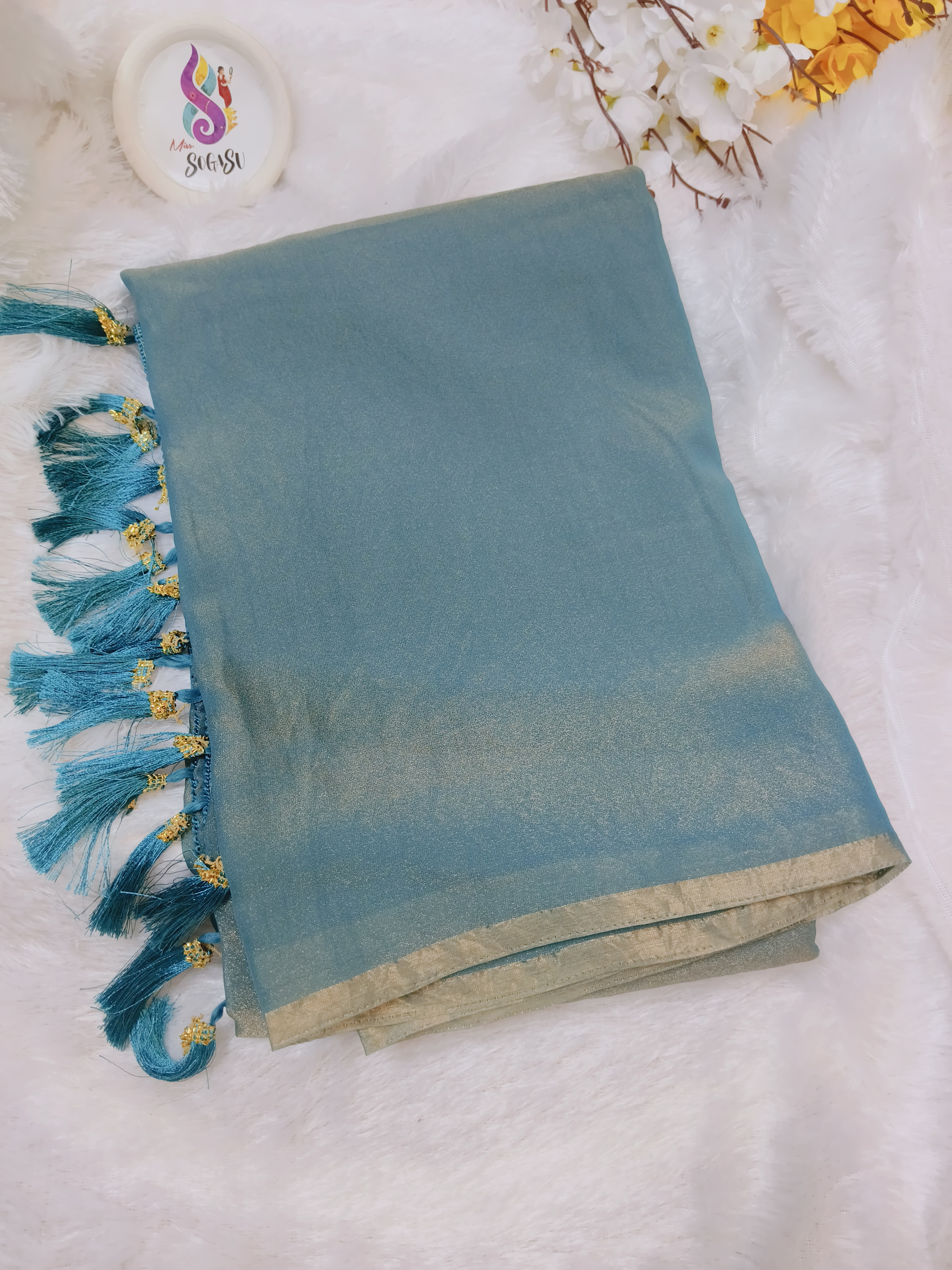 Teal Blue Dual Shade Georgette Saree with Space Silk Embroidered Blouse