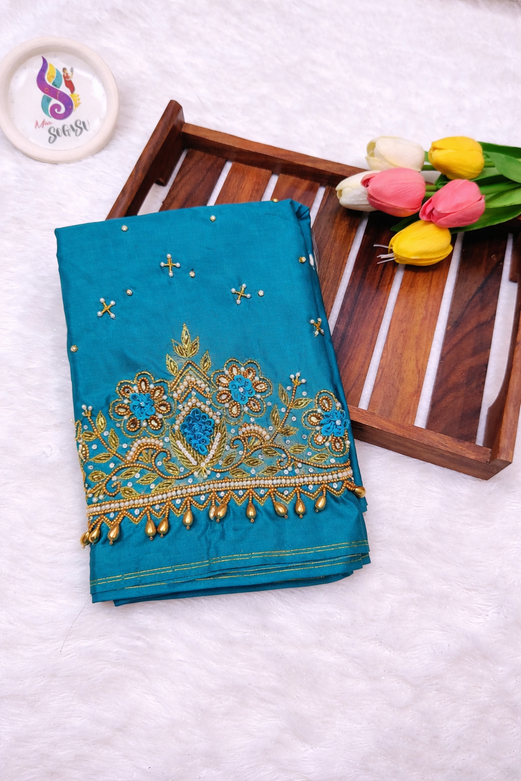 Teal flower Maggam Blouse