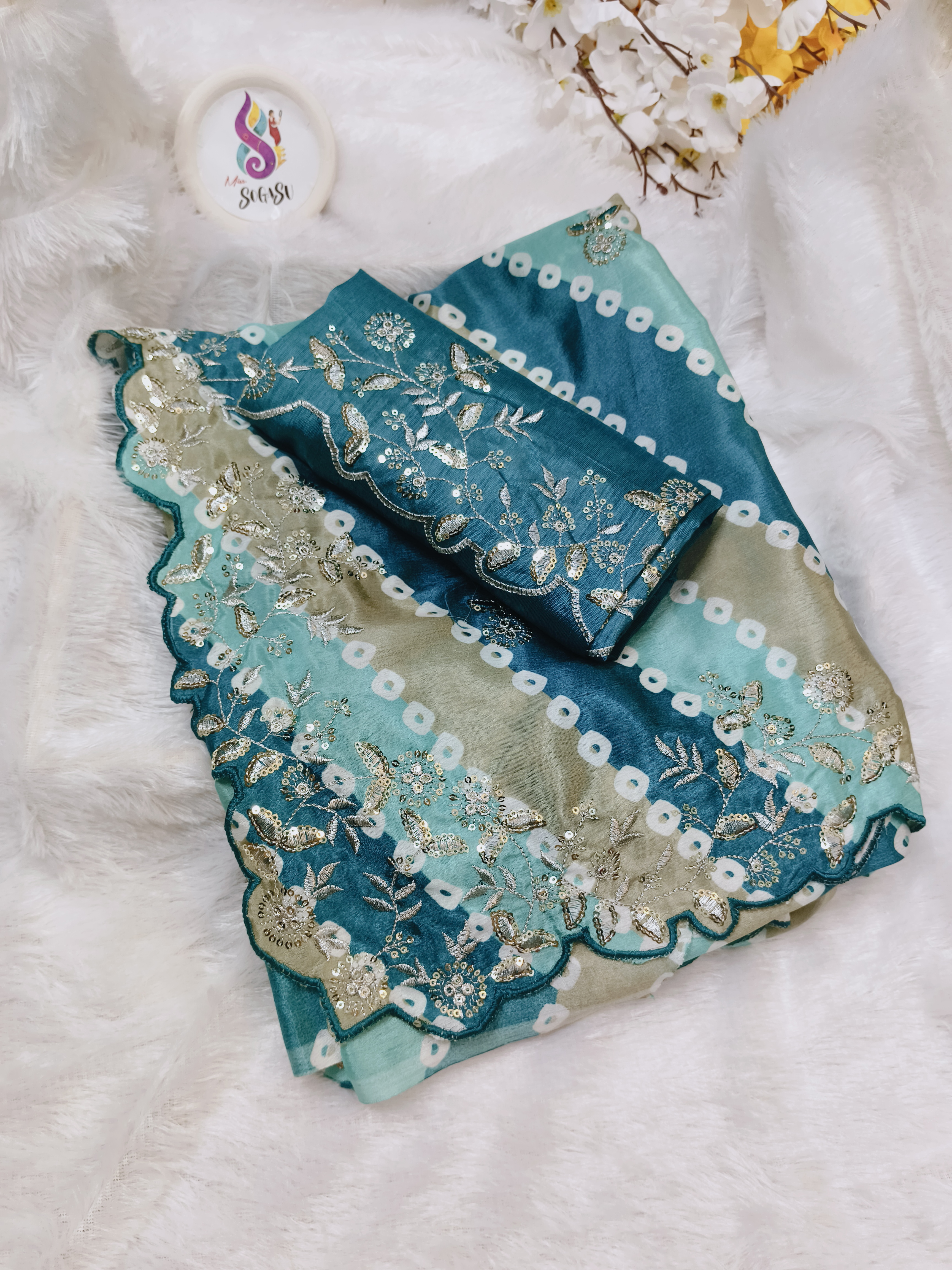 Teal Green  Saree with Floral Embroidery & Cutwork Border