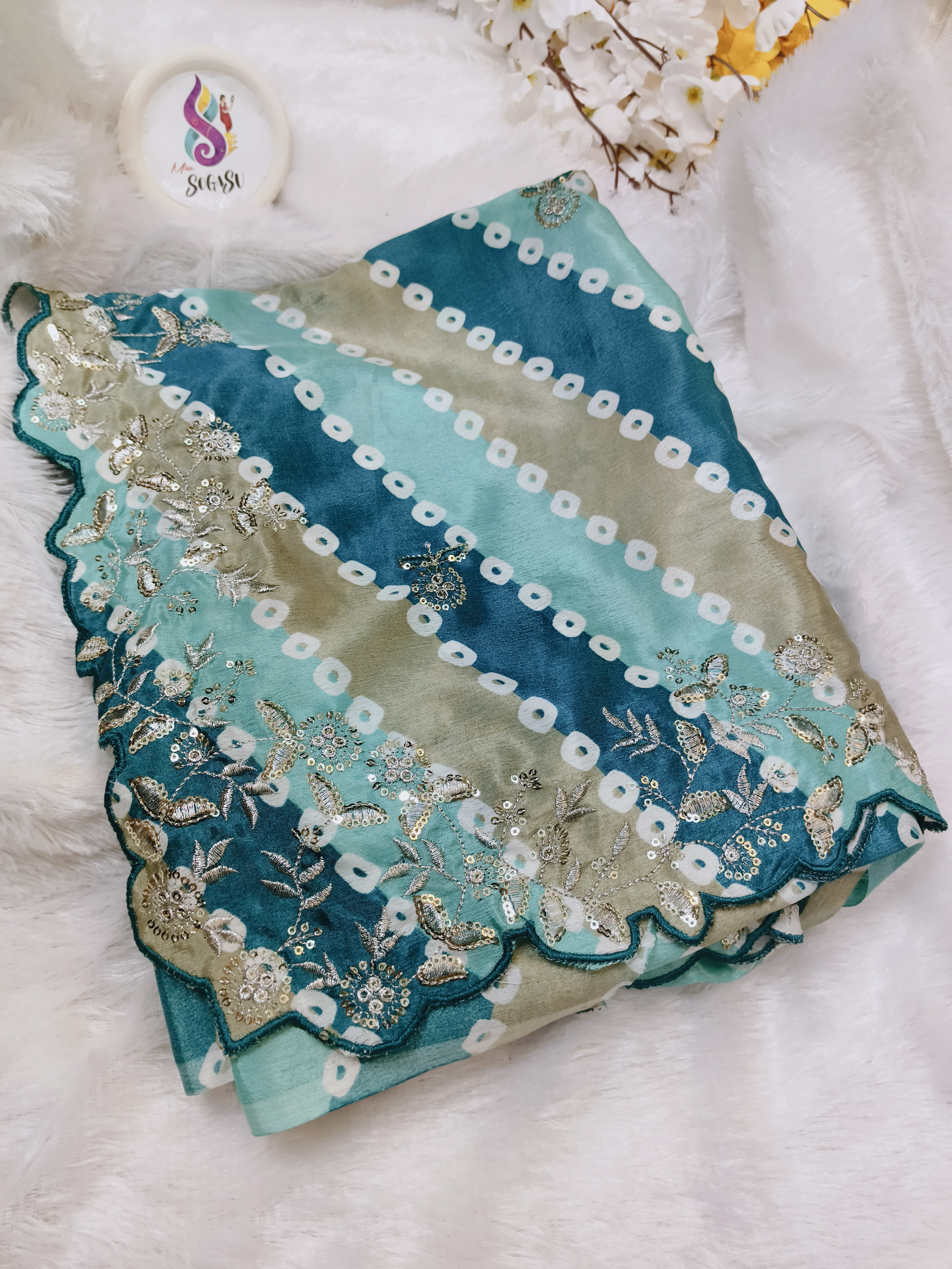 Teal Green  Saree with Floral Embroidery & Cutwork Border