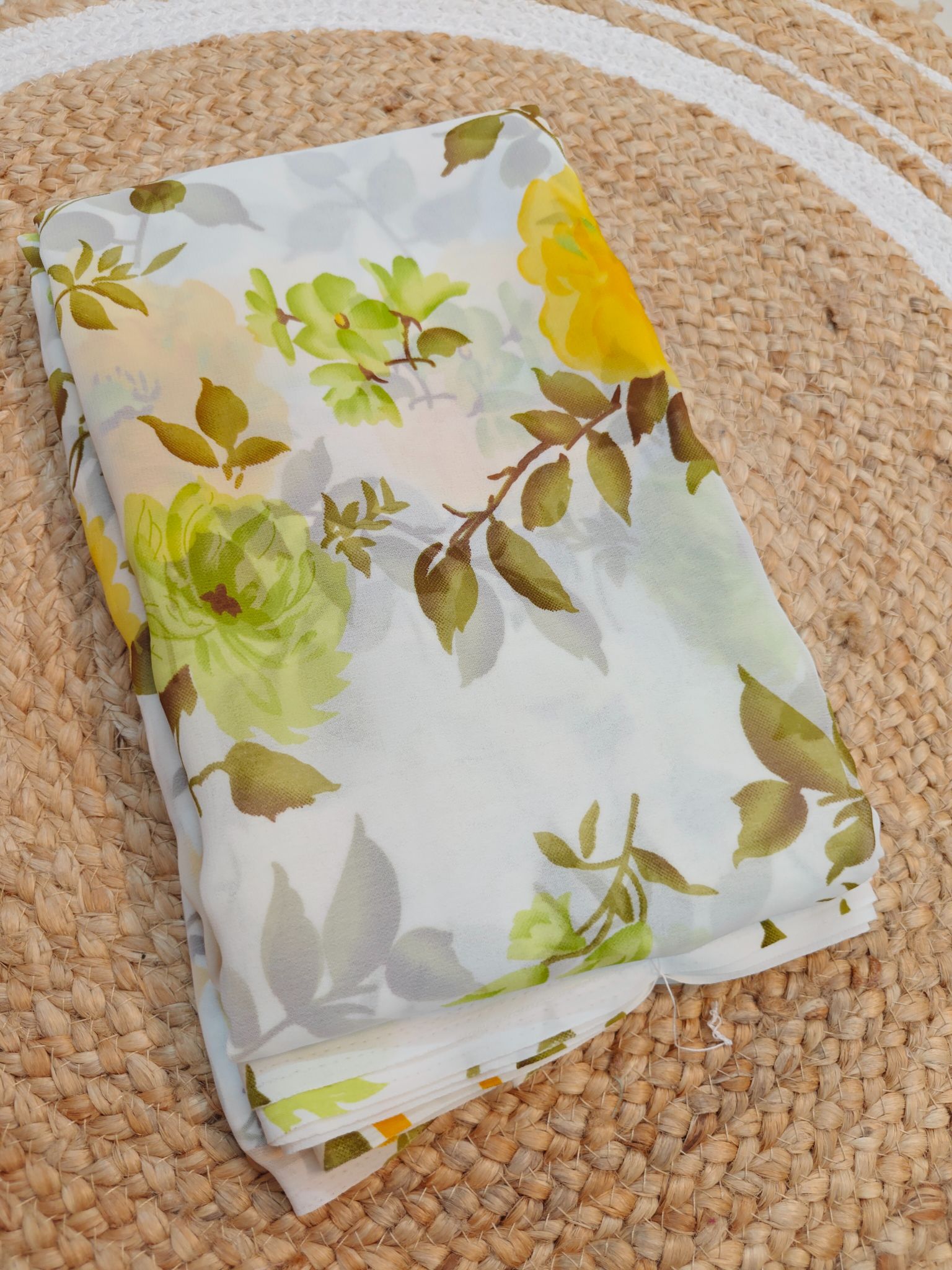 Yellow & Green Floral Print Junnumukka Saree